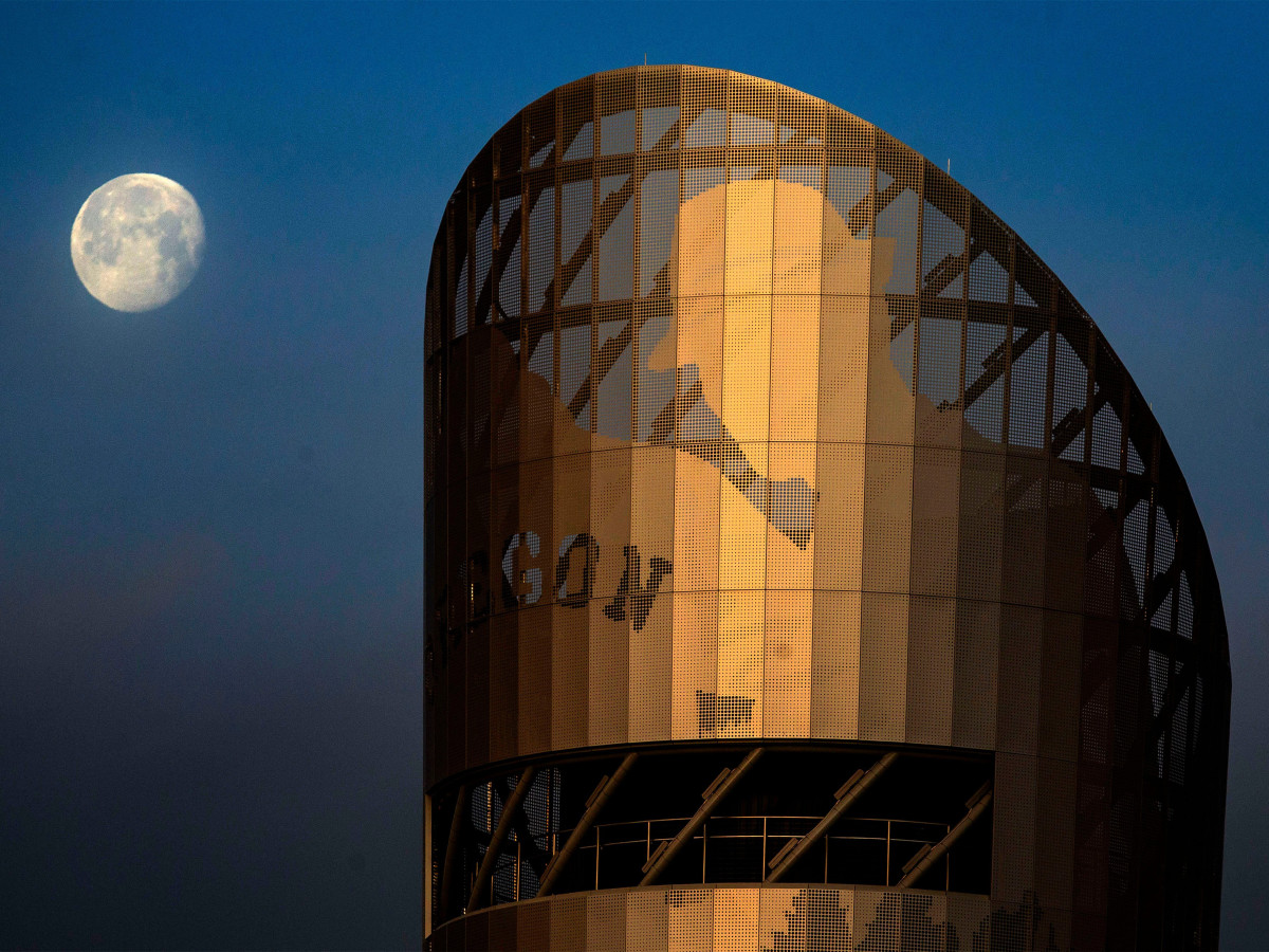 Legendary track coach and Nike cofounder Bill Bowerman is etched at the top of the tower. 